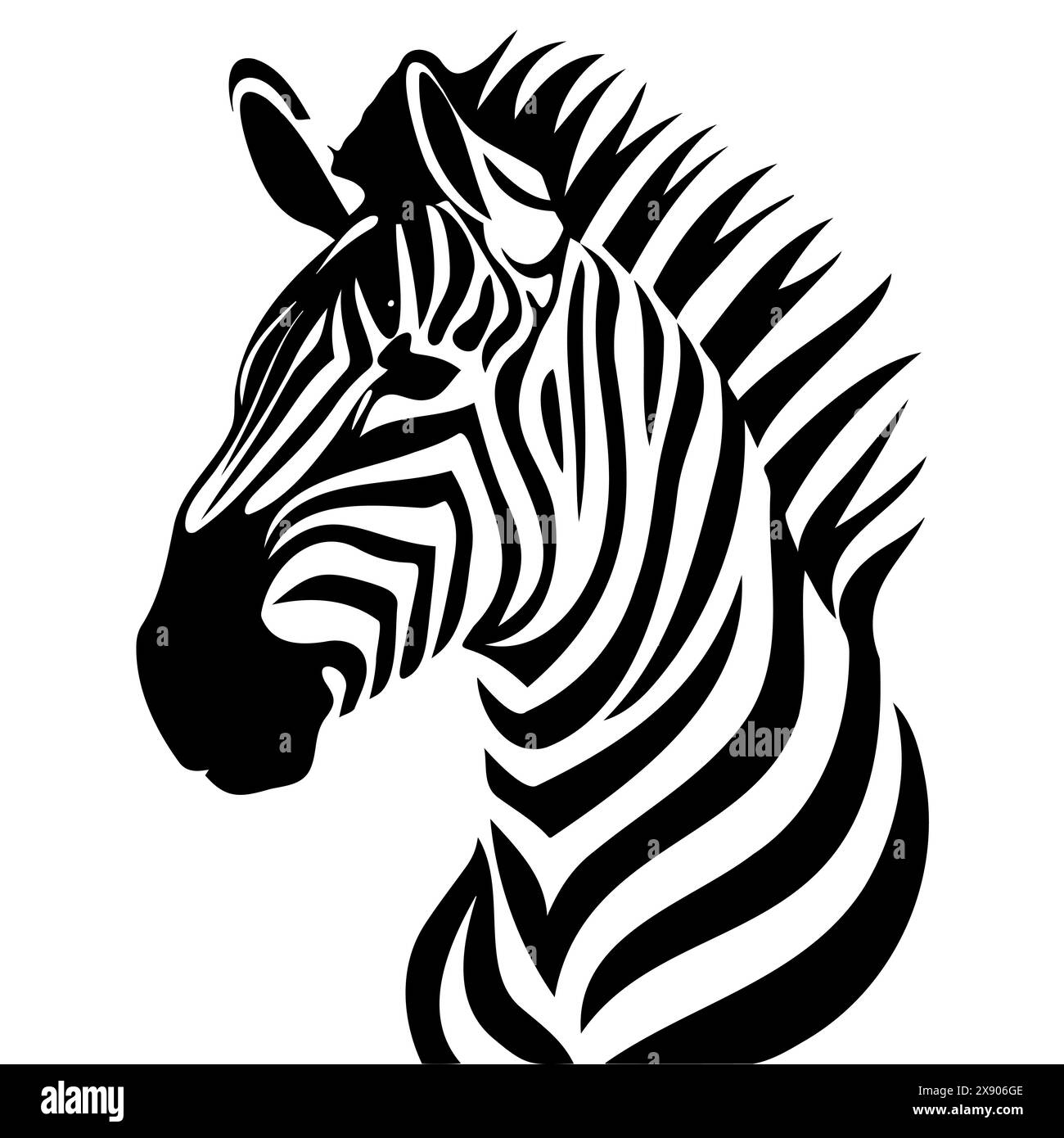 A detailed black and white illustration depicting the head of a zebra ...