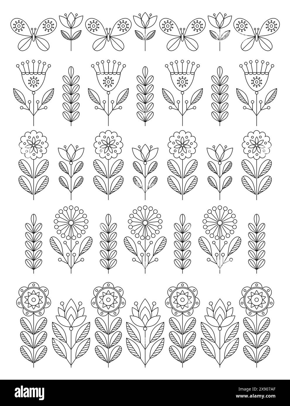 A set of floral borders in simple line art style to create different ...