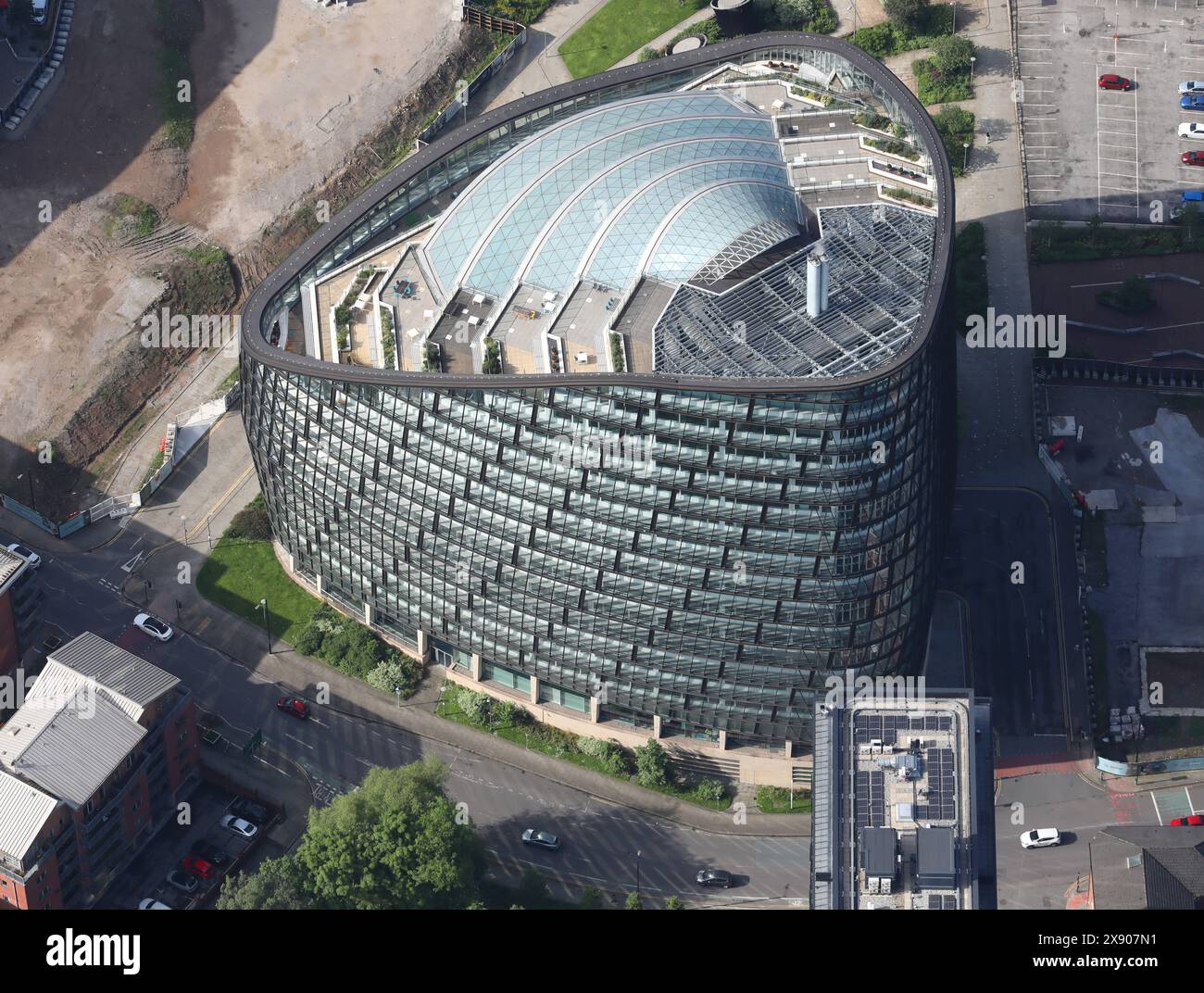 aerial view of Co-operative Group HQ at One Angel Square, Manchester Stock Photo