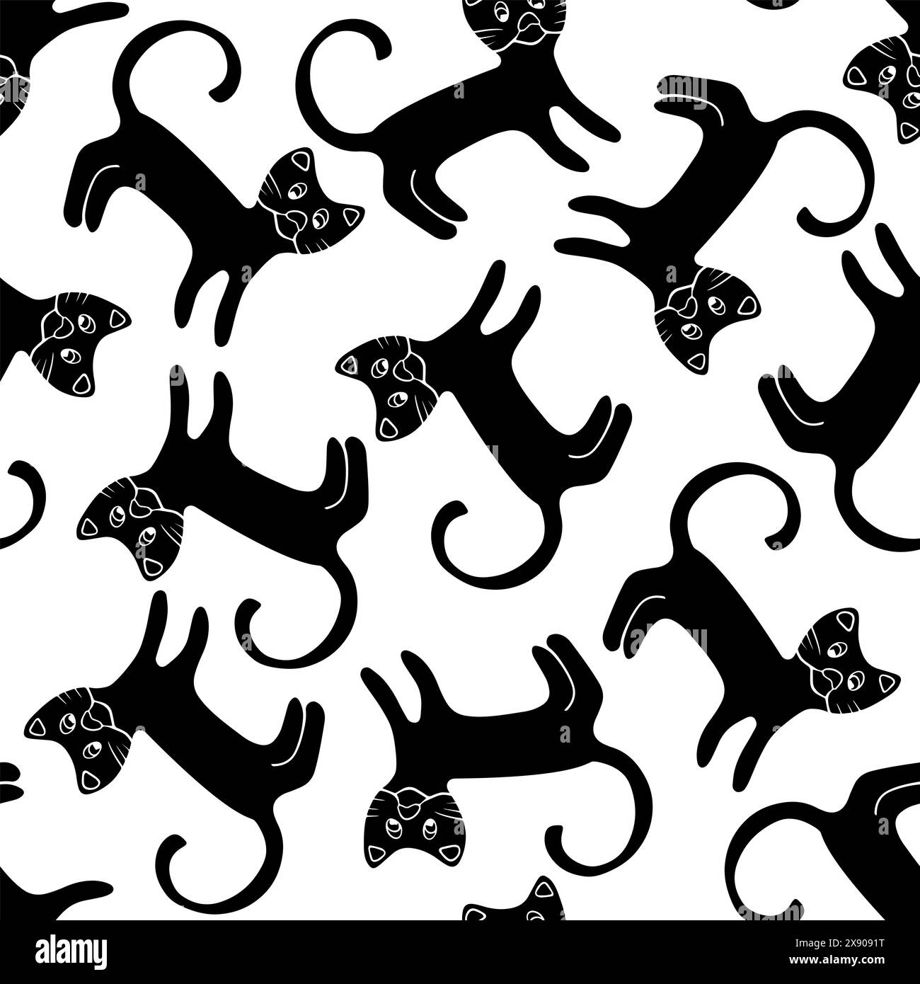 Vector isolated illustration of a pattern with silhouettes of cats on a white background. Black and white pattern with animals. Stock Vector