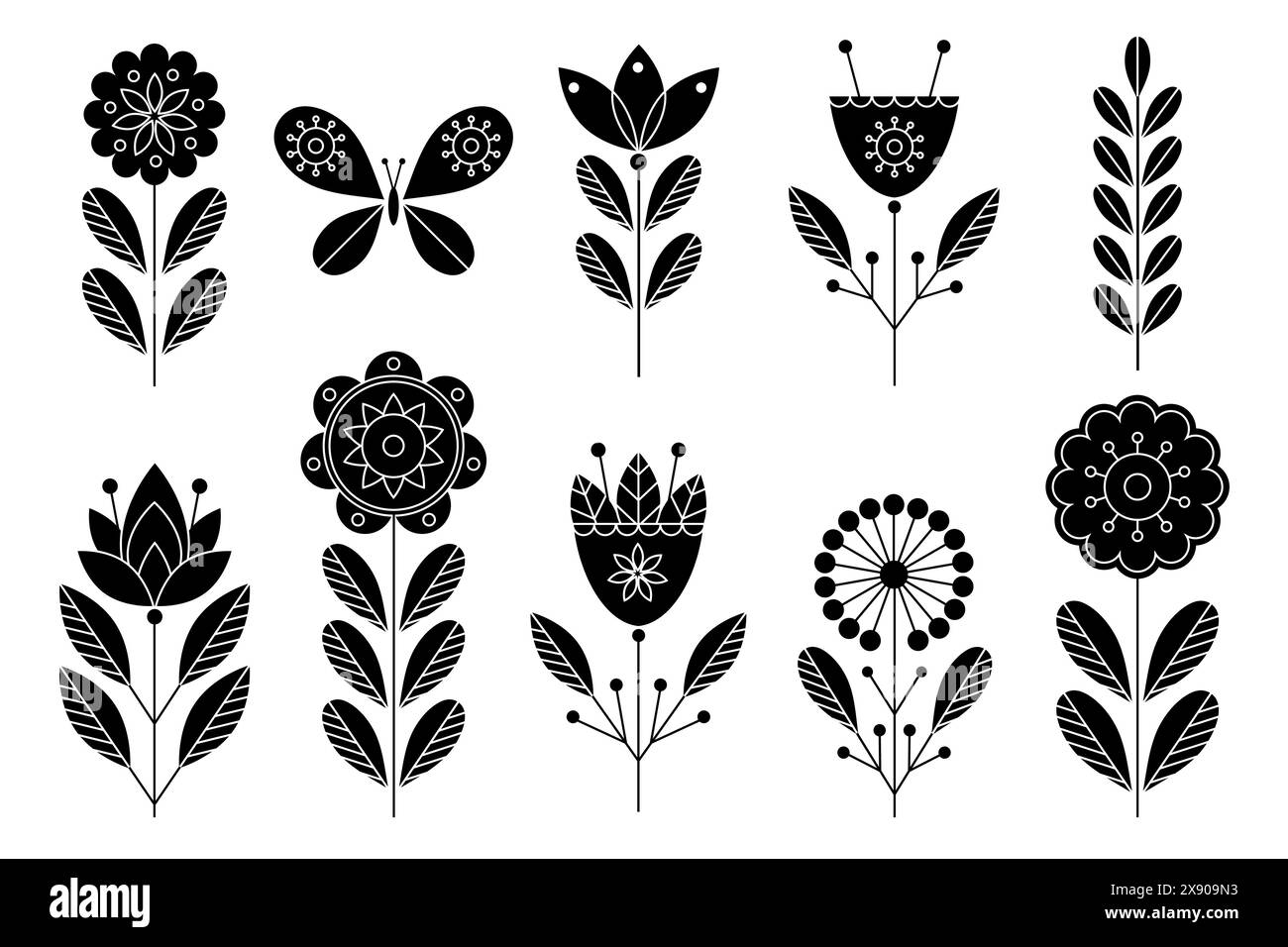 A set of linear style flowers. Stock Vector