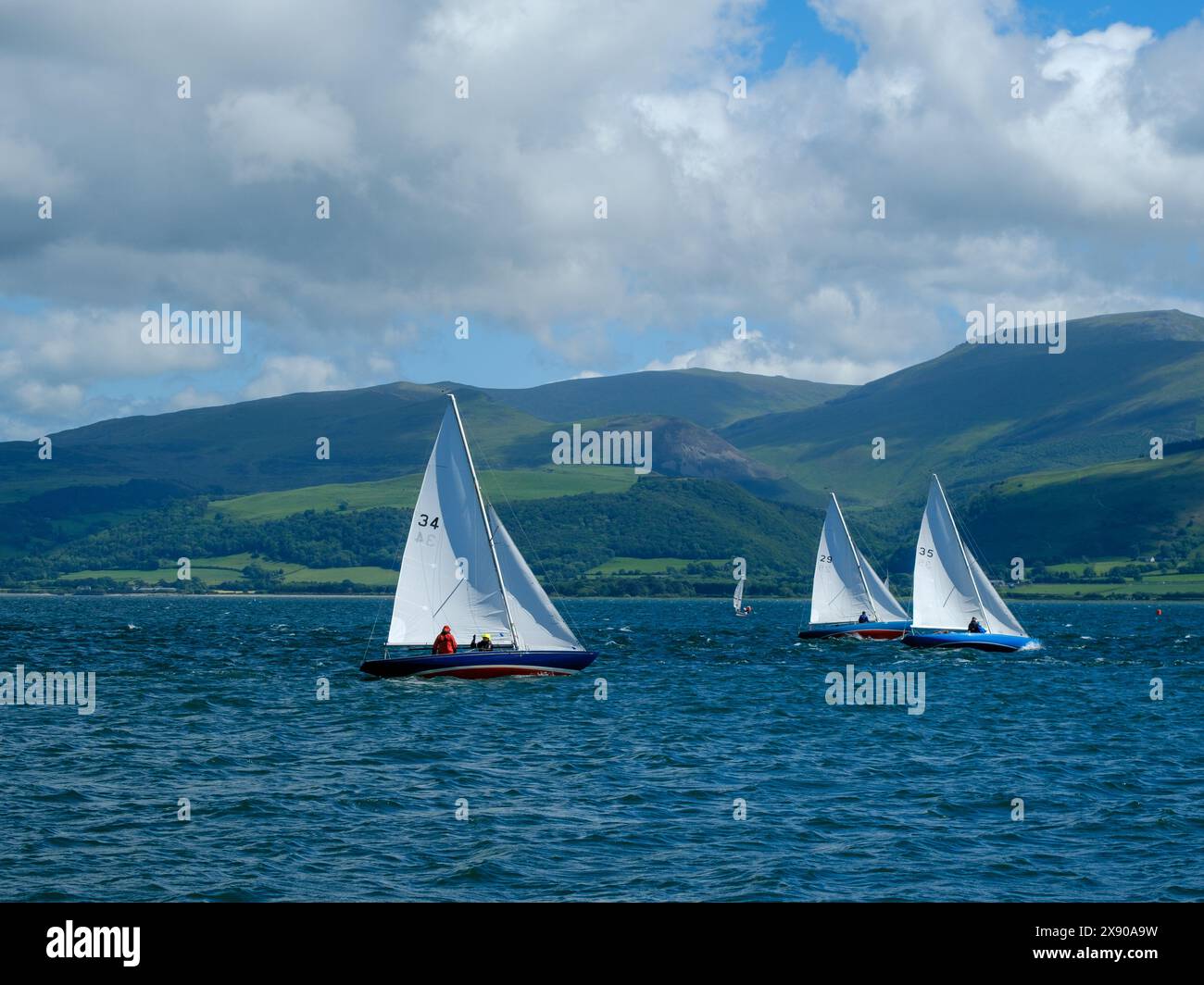 Dingy racing in a regatta on May 27th 2024 in the Menai Straits from Beaumaris in North Wales, UK Stock Photo