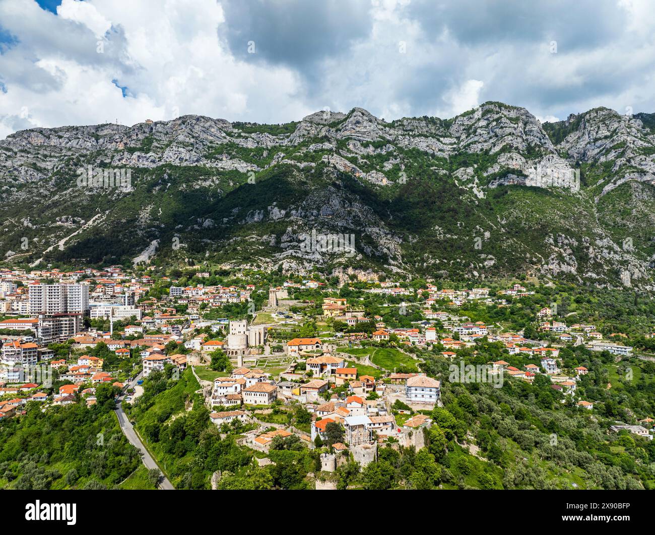 Kruje and Mount Kruje from a drone, Ishem River, Albania Stock Photo