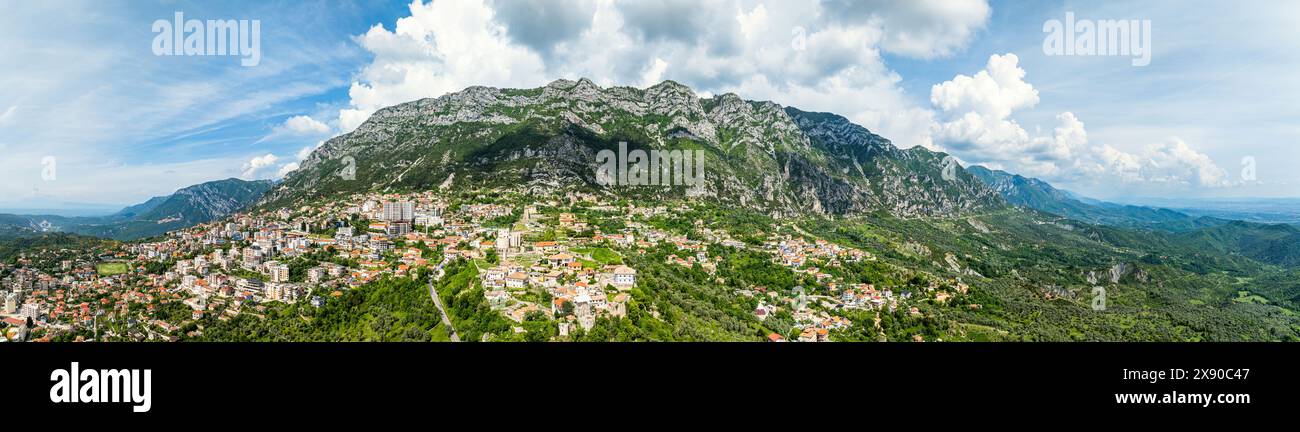 Kruje and Mount Kruje from a drone, Ishem River, Albania Stock Photo