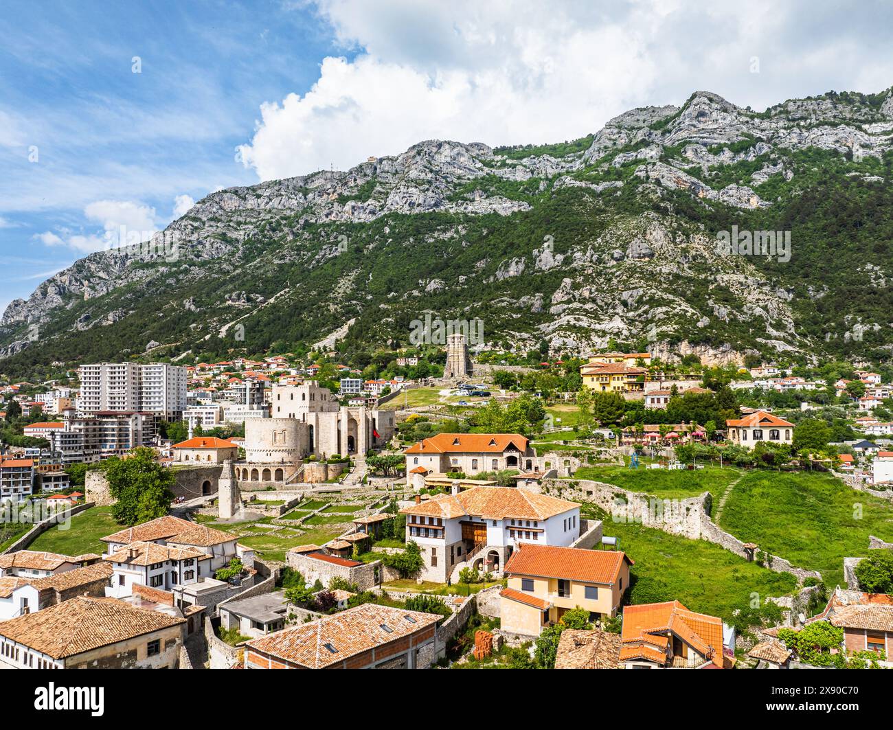 Kruje and Mount Kruje from a drone, Ishem River, Albania Stock Photo