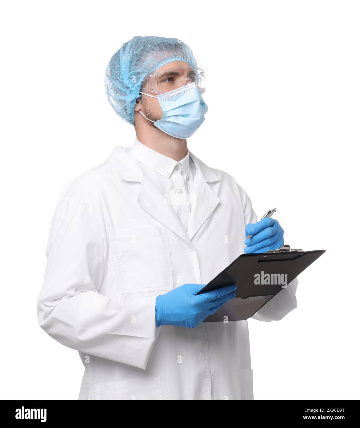 Quality control. Food inspector with clipboard on white background ...