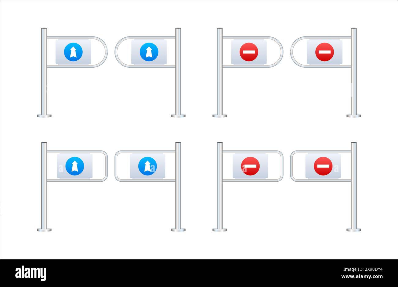 Shop entrance gate icon. Security turnstile gates with directional and no entry signs for controlled access. Stock Vector