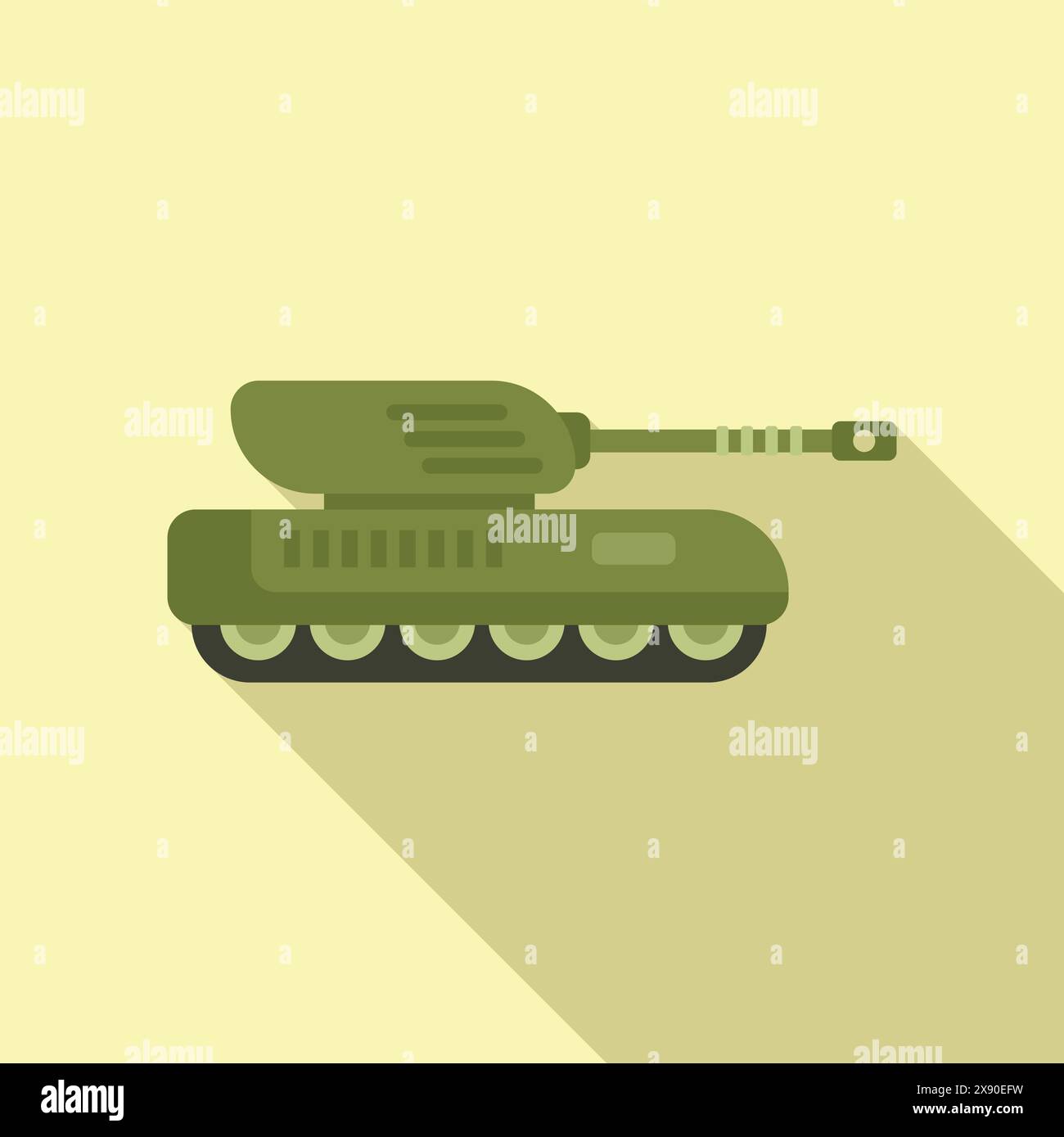 Detailed cartoon military tank illustration in green. Flat design. Isolated on beige background. Featuring vector artwork. Armored warfare vehicle. With artillery cannon. Machine silhouette Stock Vector