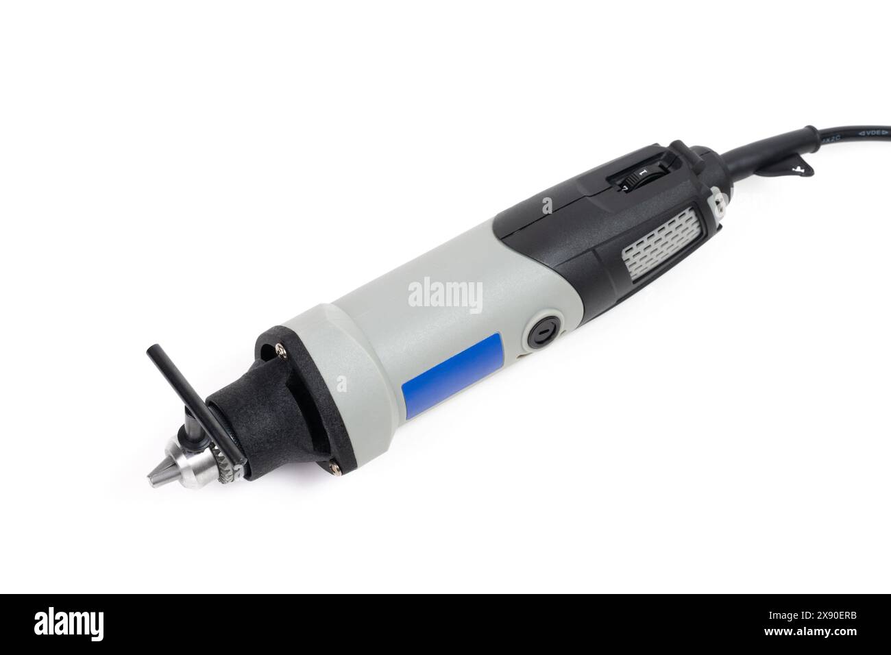 High-angle shot of a mini drill with the key securely inserted into the chuck, ready for use. Stock Photo
