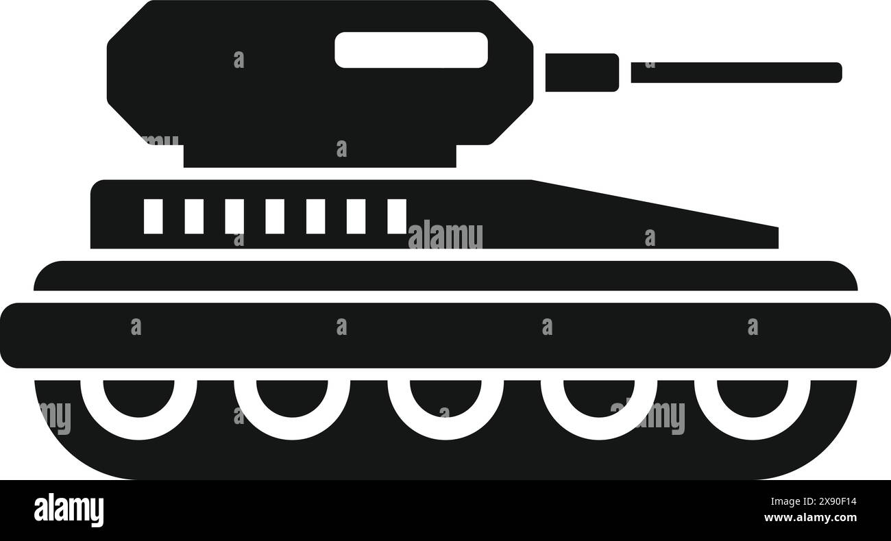 Detailed military tank silhouette vector illustration in black and white. Depicting an armored vehicle used in army warfare. Designed as a flat graphic element with a turret. Cannon Stock Vector