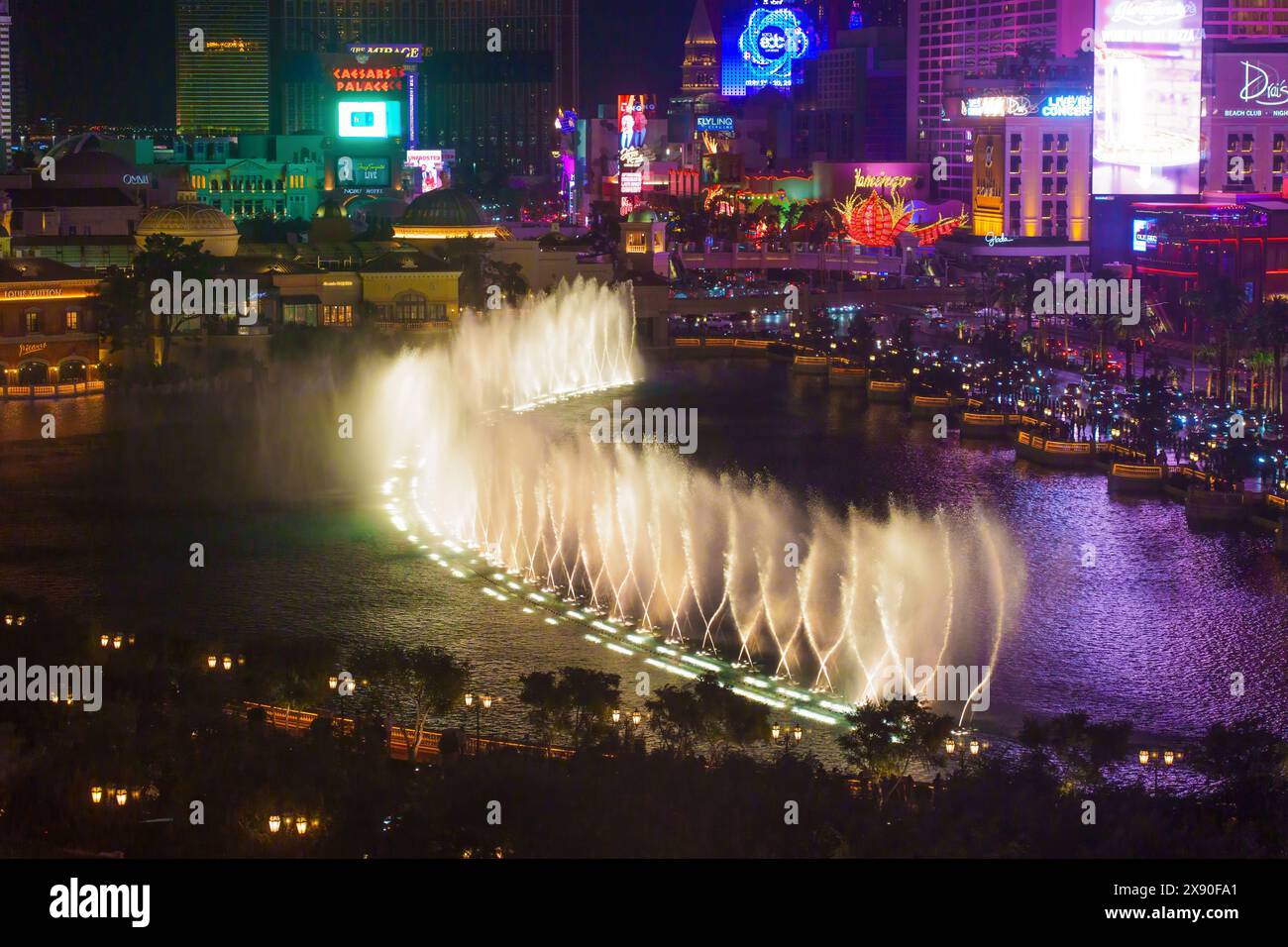Las Vegas, Nevada - April 14, 2024: Dancing Bellagio Fountains View from a Hotel Room Stock Photo
