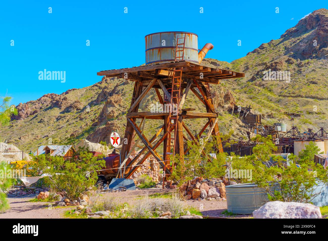 Nelson, Nevada - April 15, 2024: Weathered wooden water tower Stock Photo