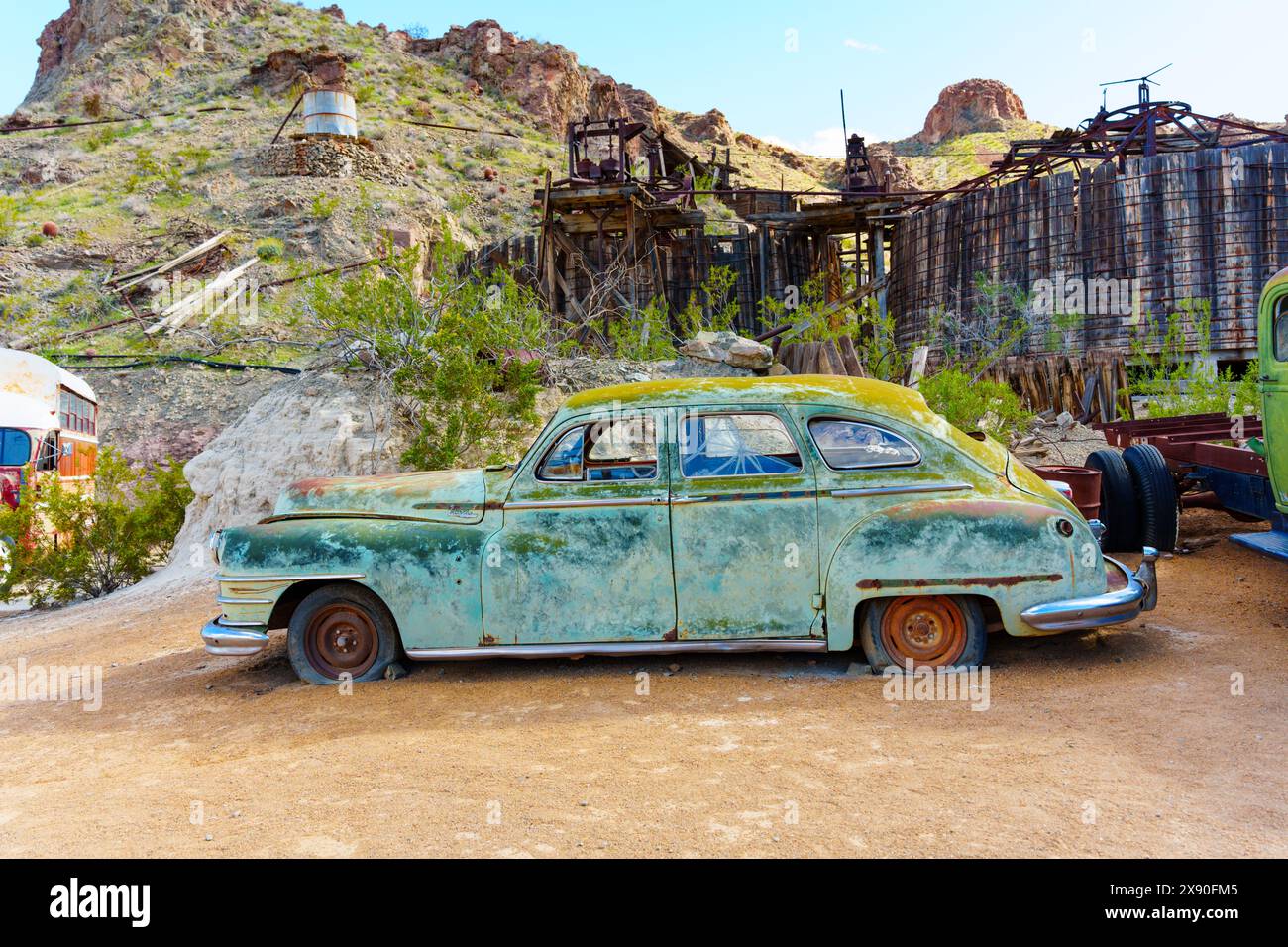 Nelson, Nevada - April 15, 2024: Close-up of an old rusted Chrysler car in the ghost gold mining settlement of Nelson Stock Photo