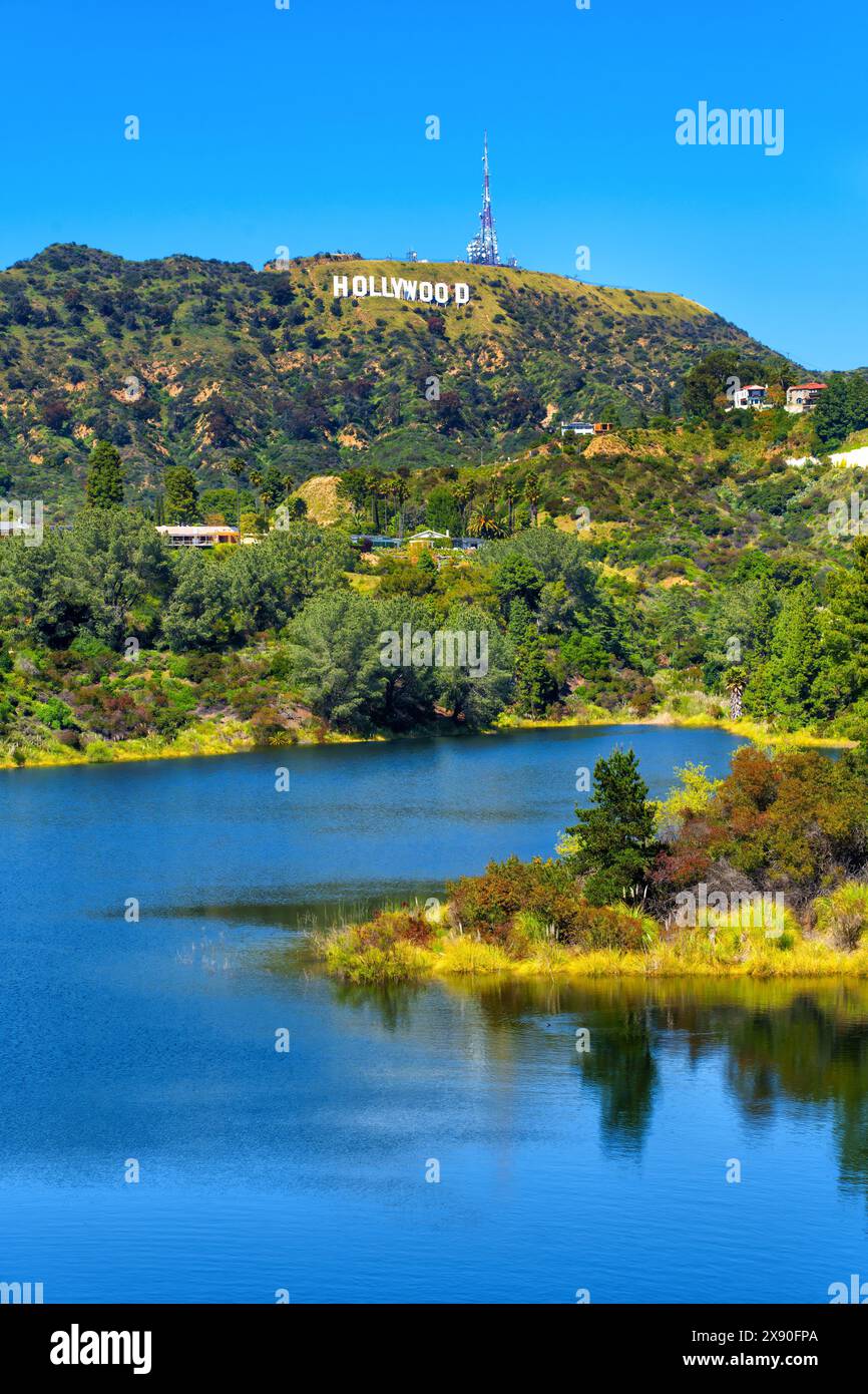 Los Angeles, California - April 11, 2024: Hollywood Sign View From the Water's Edge of the Hollywood Reservoir Stock Photo