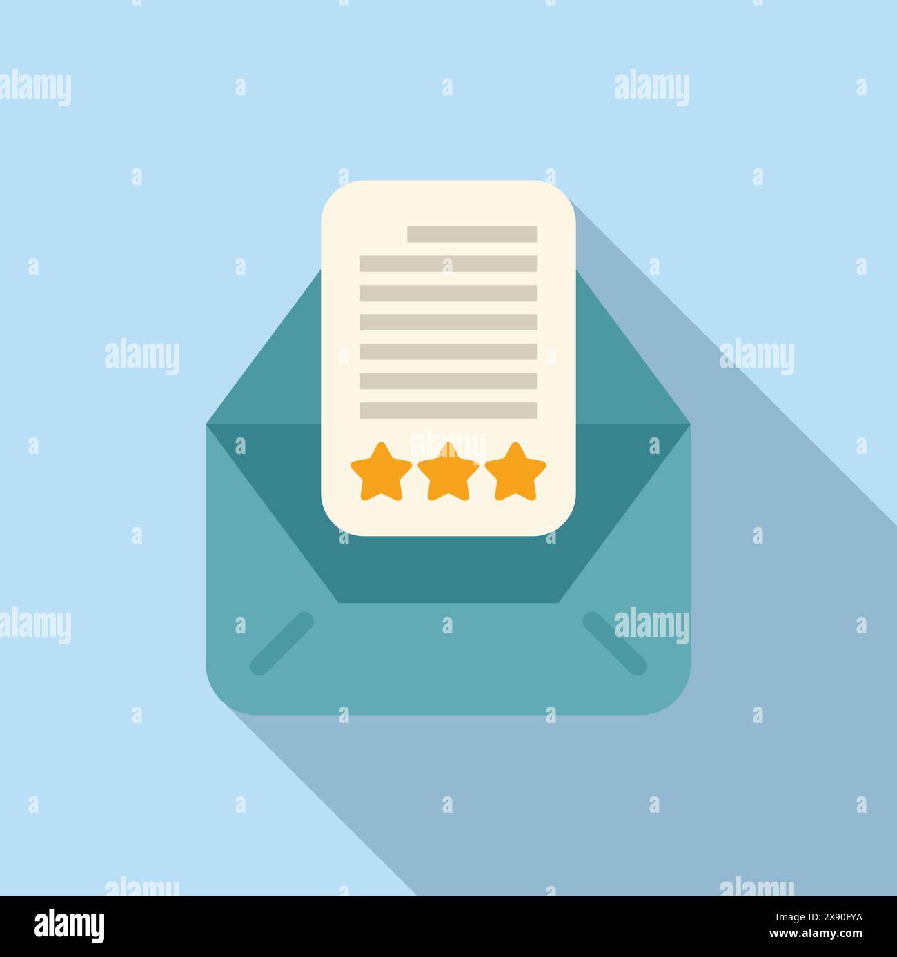 Flat design icon depicting a starred document inside an envelope with a long shadow Stock Vector