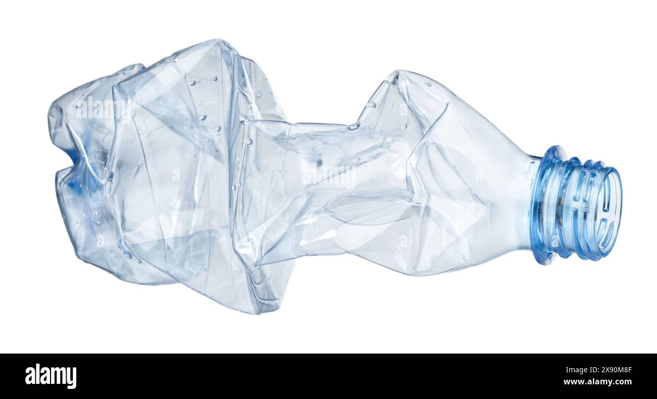 Crumpled disposable plastic bottle isolated on white Stock Photo - Alamy