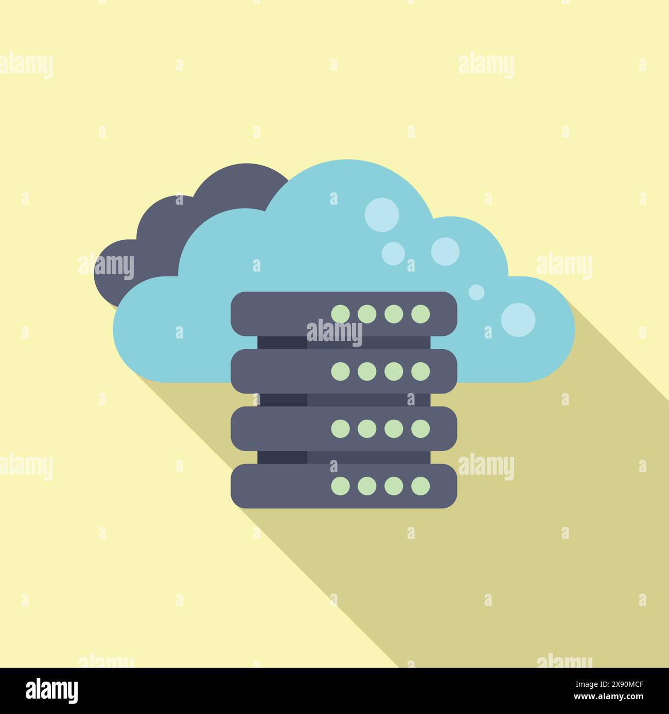 Flat design icon representing cloud computing and data storage, featuring a server rack and cloud Stock Vector