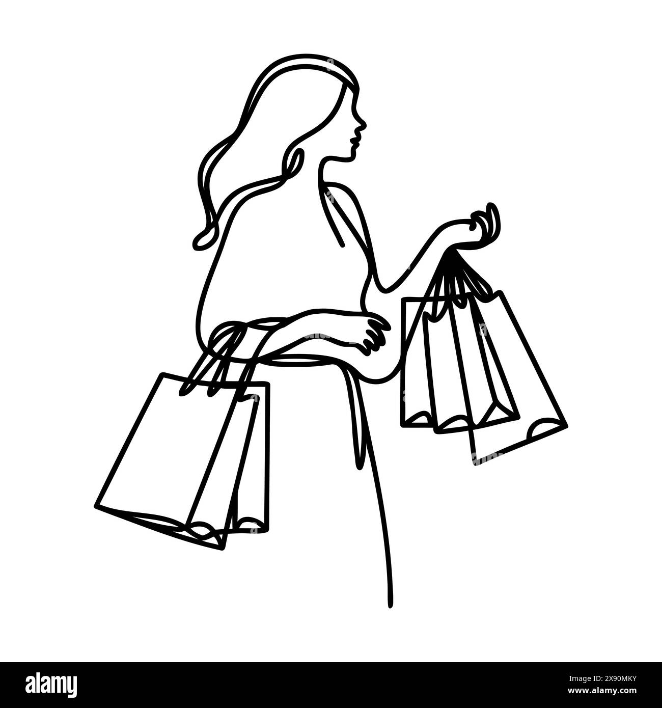 Continuous one line drawing of a woman holding paper bags after ...