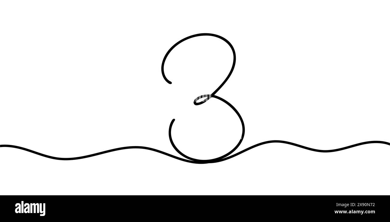 Number 3 in continuous line drawing style. Line art of number three ...