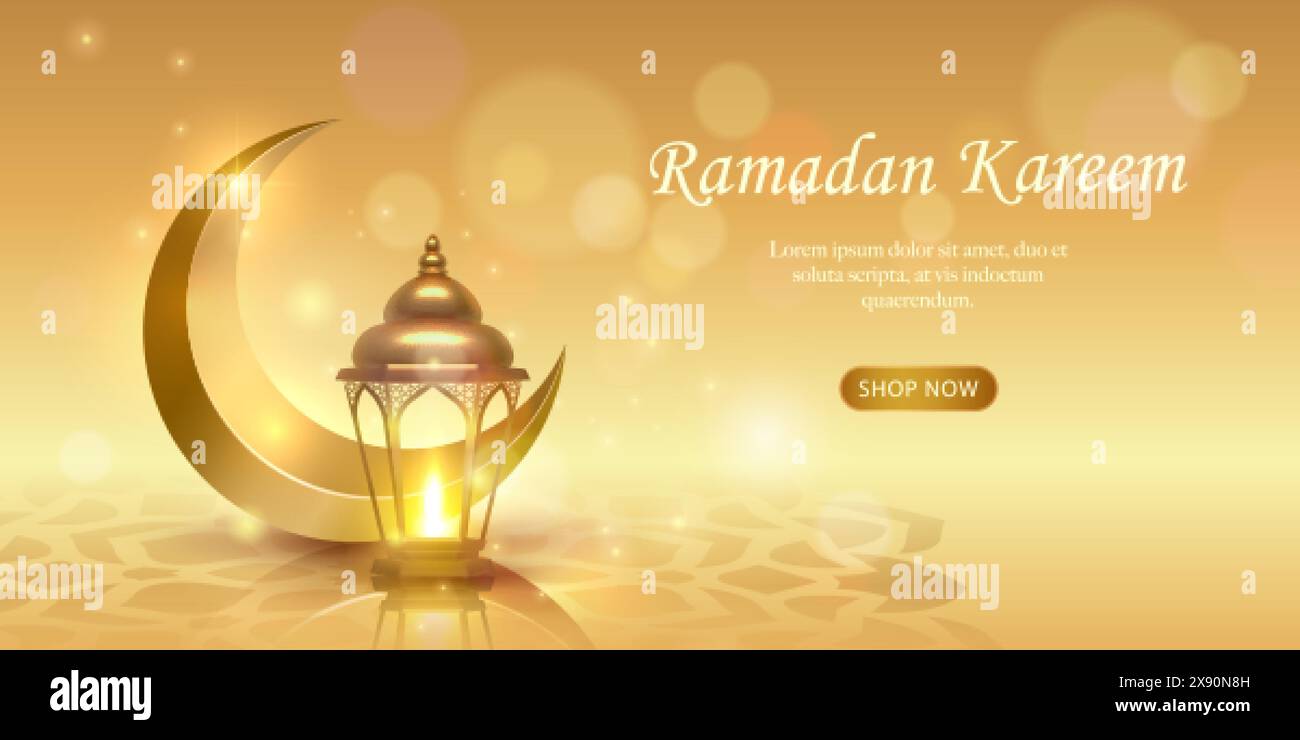 3D luxury golden Islamic lantern and crescent moon with bokeh ...