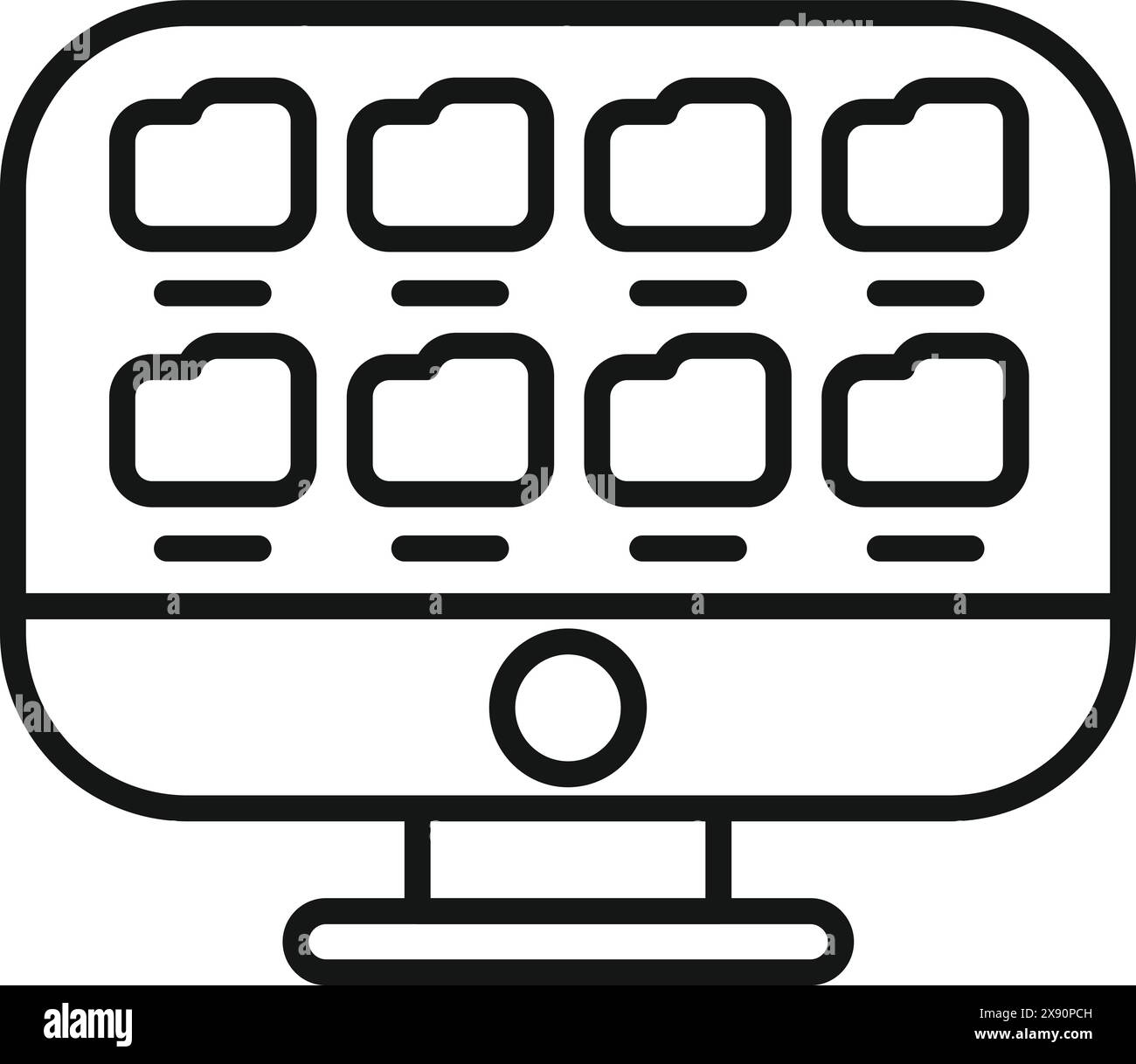 Black and white line drawing of a computer monitor displaying rows of file folders Stock Vector