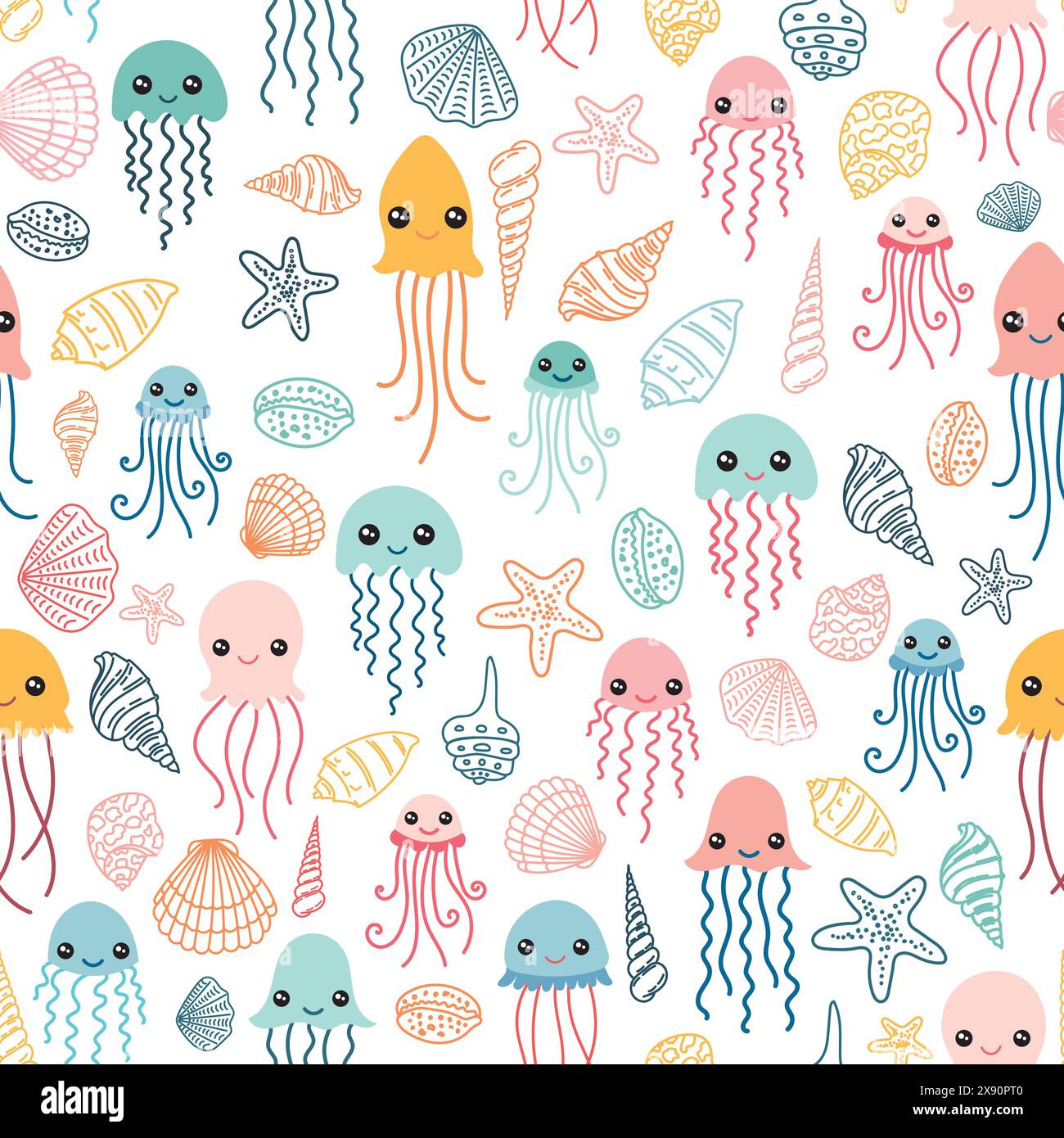 Pattern with cute jellyfish and shells Stock Vector
