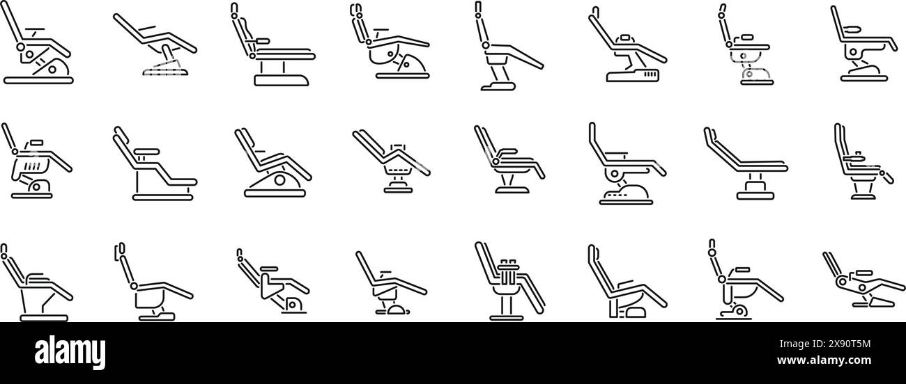 Dental chair icons outline set vector. A series of chairs are shown in various positions. Some are reclining, while others are upright. The chairs are arranged in a line, with some placed closer together and others spaced further apart Stock Vector