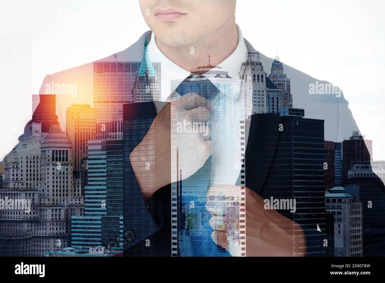 Businessman, suit and city for double exposure of urban skyline ...