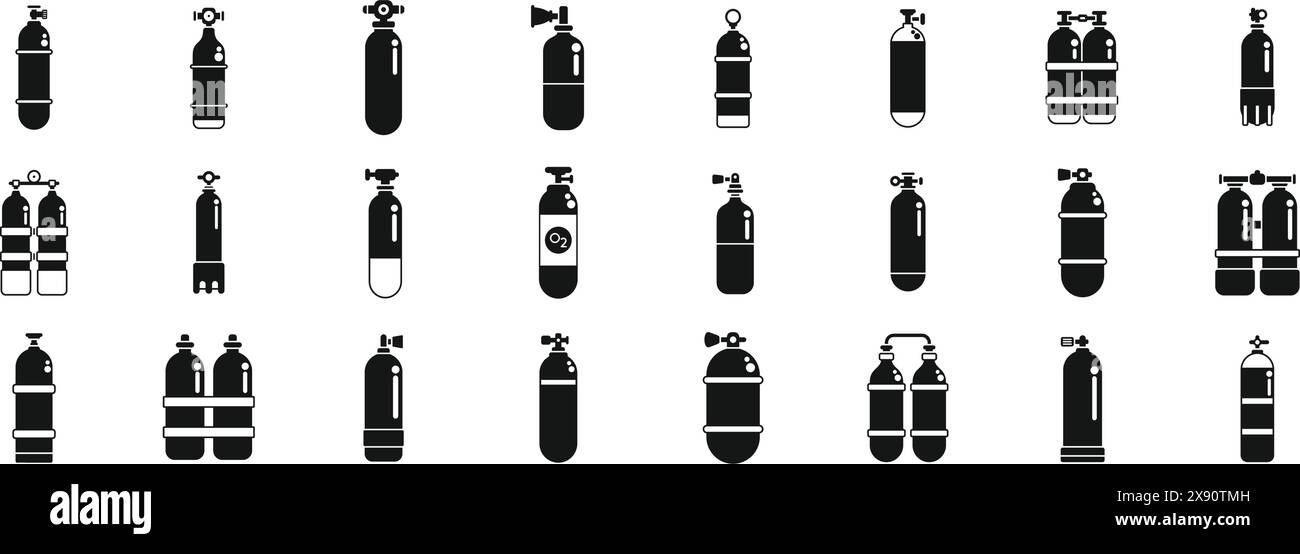 Diving cylinders icons set vector. A collection of black and white ...