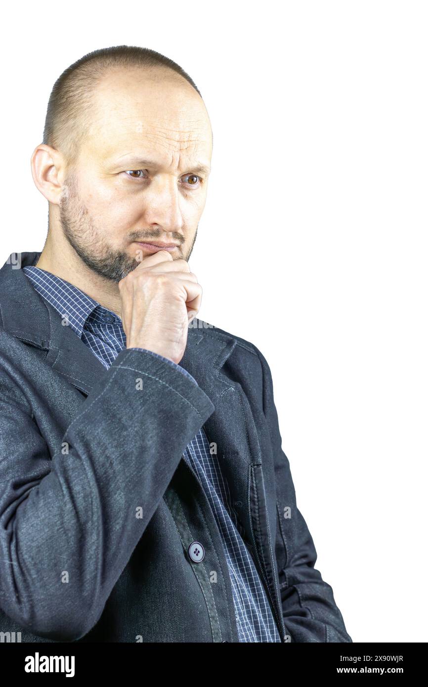 The image depicts a 45-year-old Caucasian man standing against a white background, dressed in a dark blazer and a patterned shirt. Stock Photo