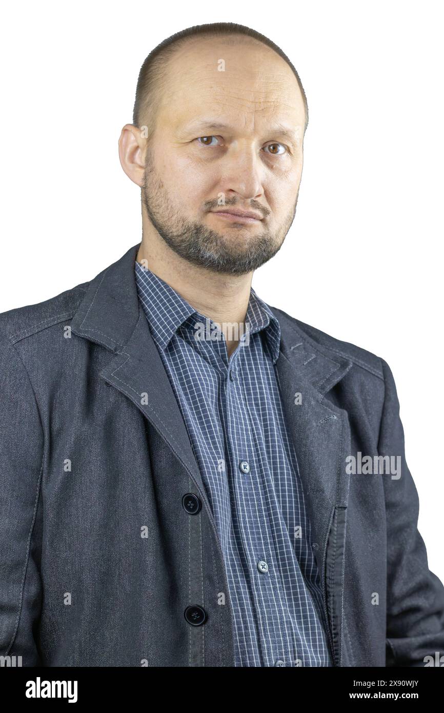 The photograph captures a 45-year-old Caucasian man standing confidently against a white backdrop. Stock Photo