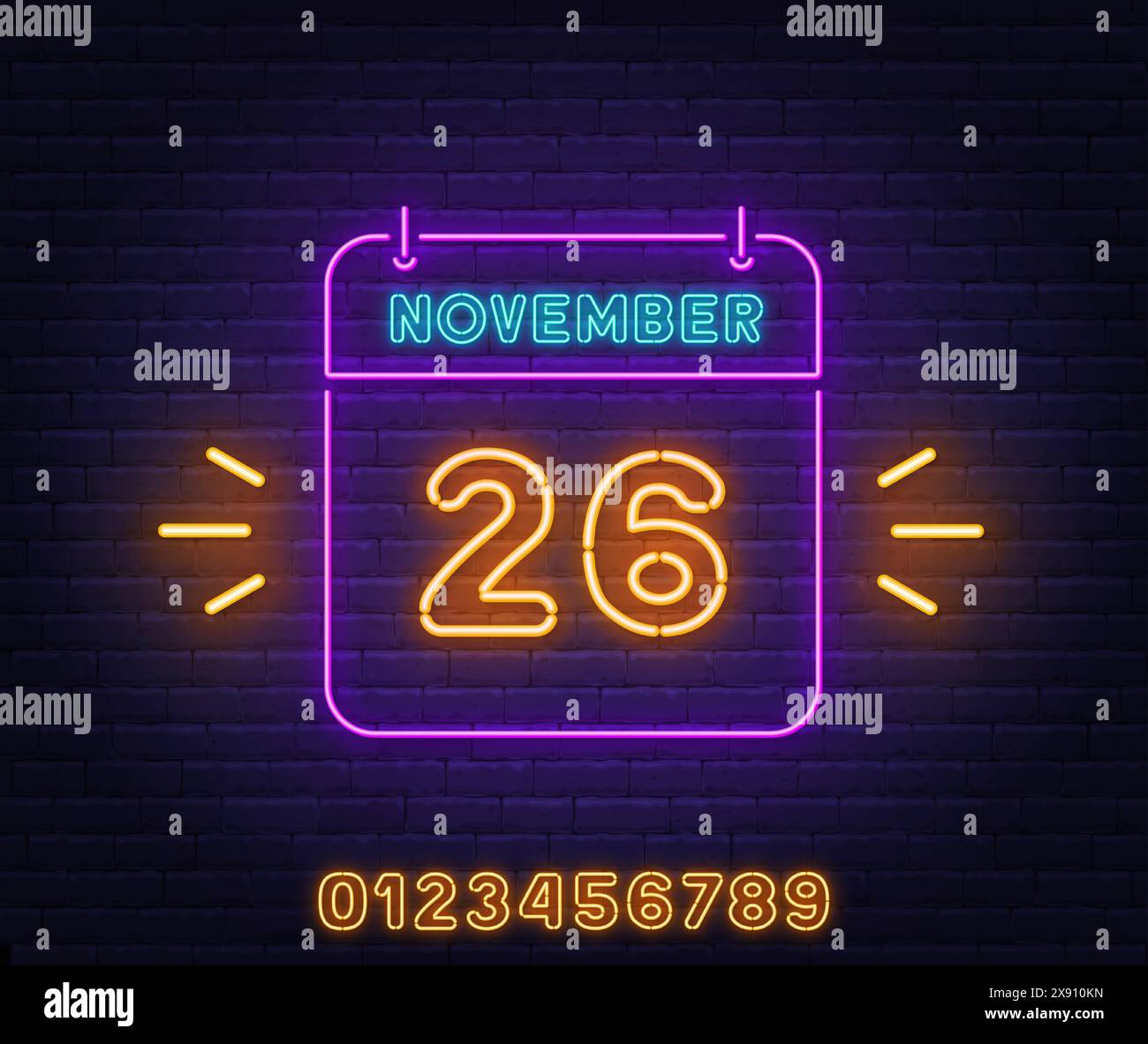 Neon Calendar Sign on brick wall background. Template with neon yellow ...