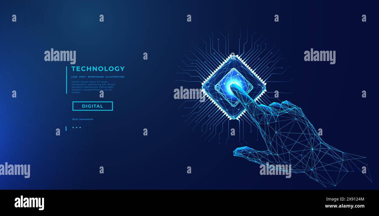 finger presses on a chip or processor. Technology innovation concept. Stock Vector