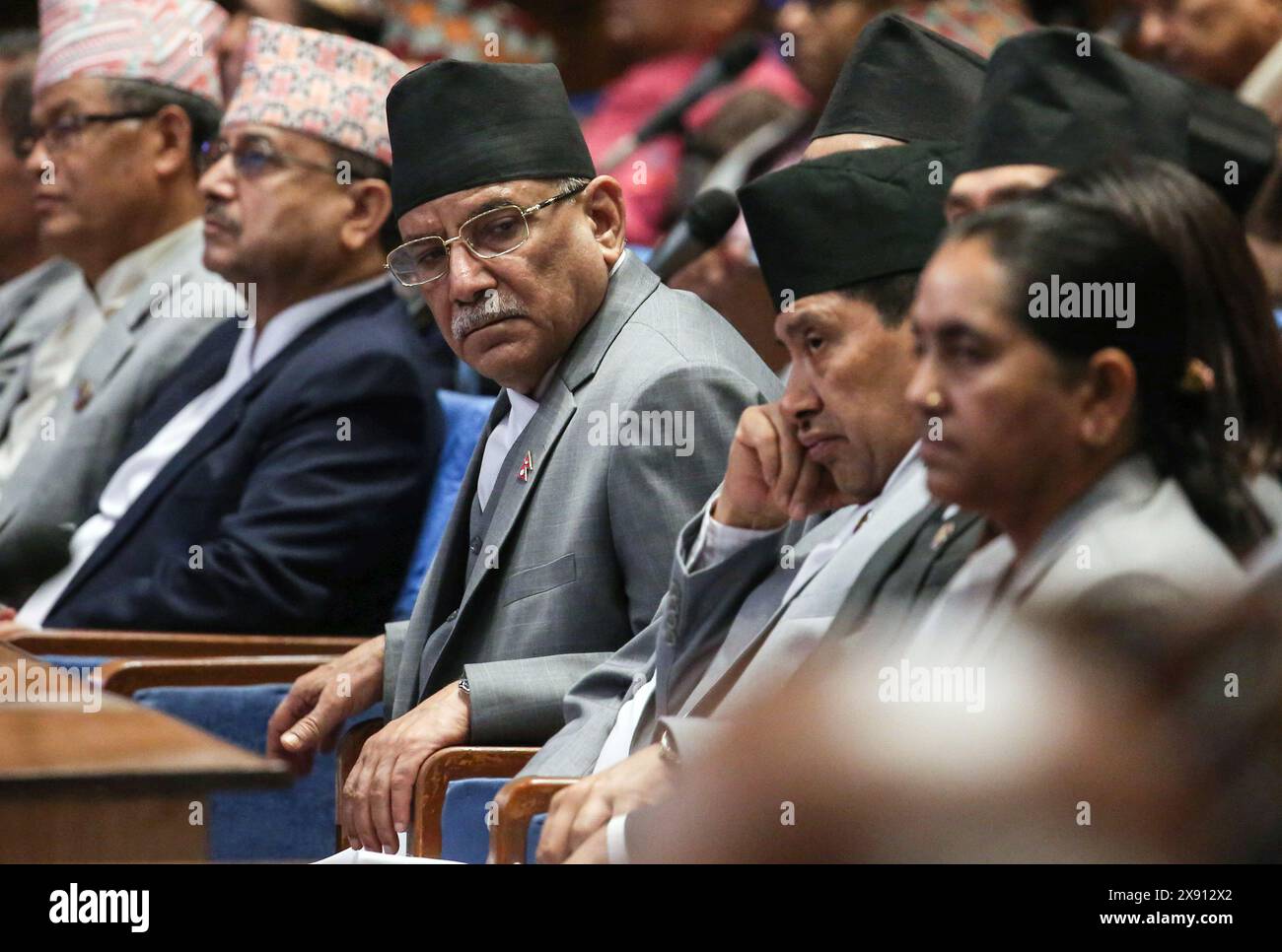 May 28, 2024: Nepali Prime Minister Pushpa Kamal Thapa (C) attends the meeting of announcing annual budget of the fiscal year 2024-25 at the parliament in Kathmandu, Nepal, May 29, 2024. The government unveiled its annual budget of 1.86 trillion for the fiscal year 2024-25 at the joint session of the federal parliament on Tuesday. (Credit Image: © Sunil Sharma/ZUMA Press Wire) EDITORIAL USAGE ONLY! Not for Commercial USAGE! Stock Photo