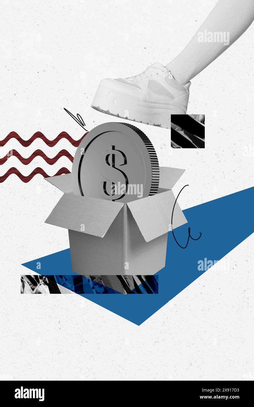 Vertical photo collage of female leg step dollar coin box income ...