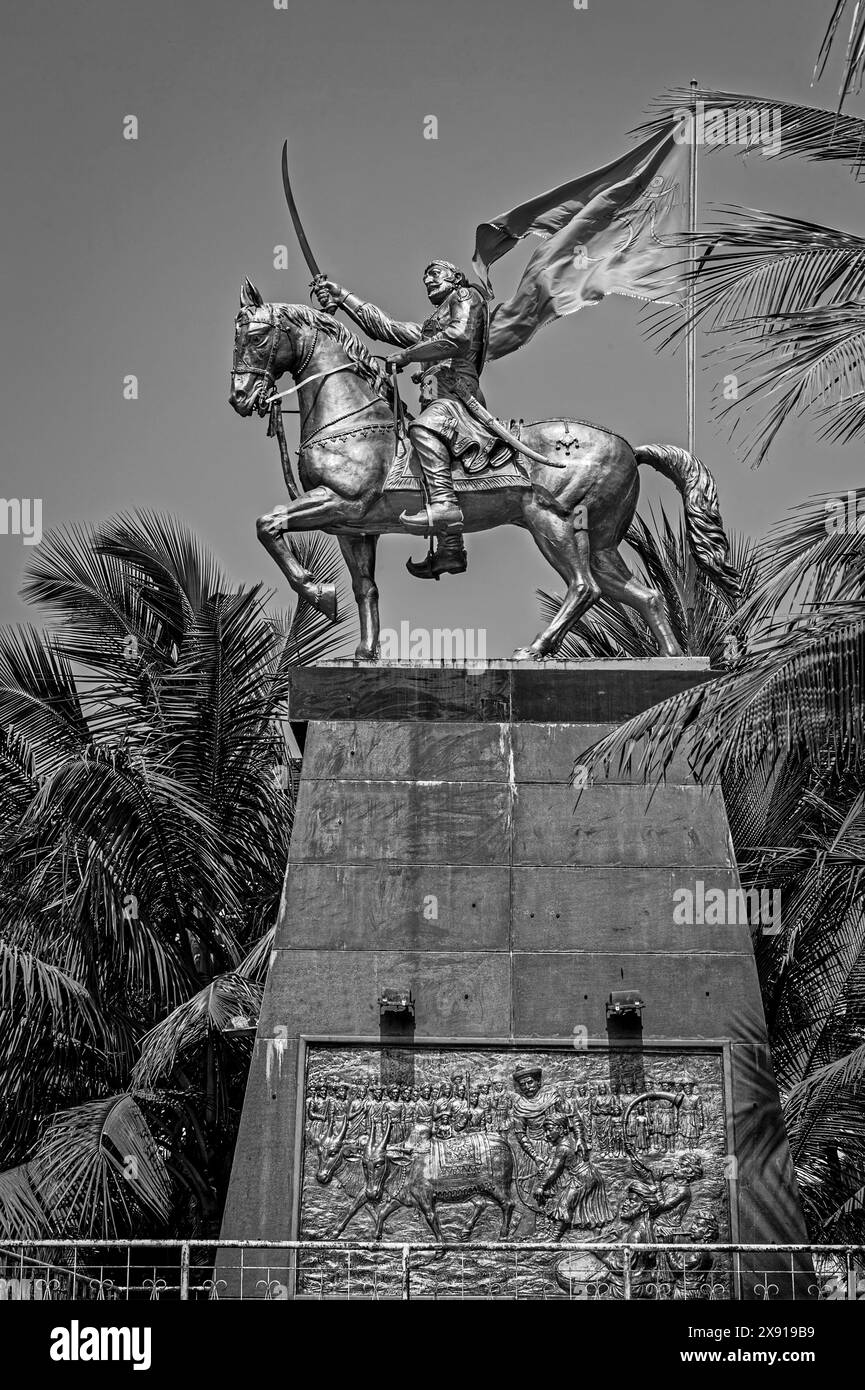 04 15 2012 Vintage Old Black and White Photo ofShivaji Statue, Public Garden, Dahisar, Mumbai, Maharashtra, India, Asia Stock Photo