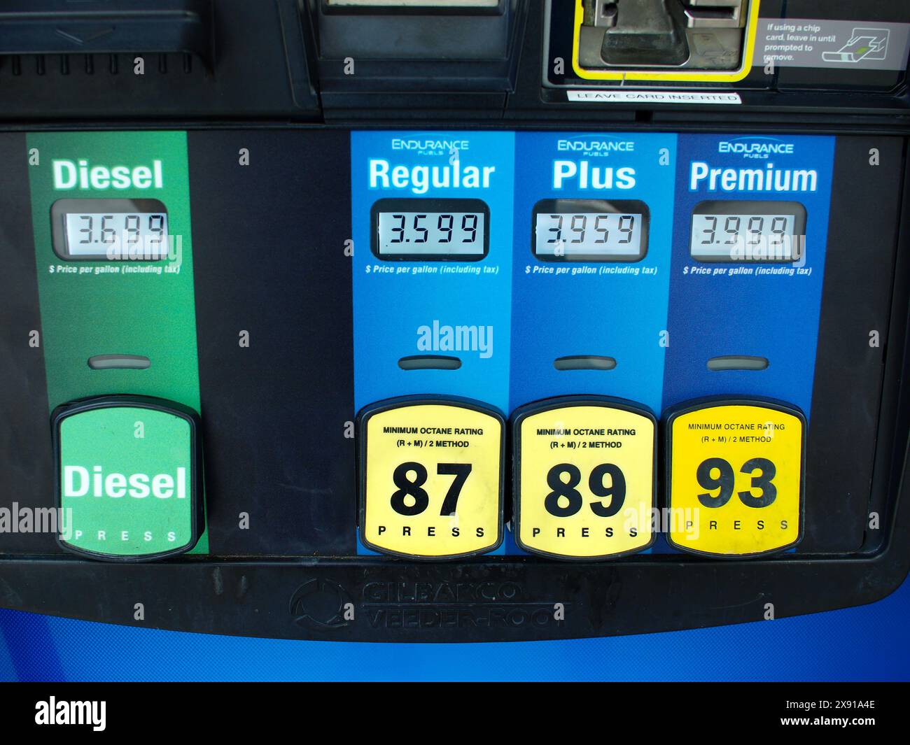 Miami, Florida, United States - May 26, 2024: Pump with prices for different gasolines and diesel. Marathon Oil gas station. Only for editorial use. Stock Photo