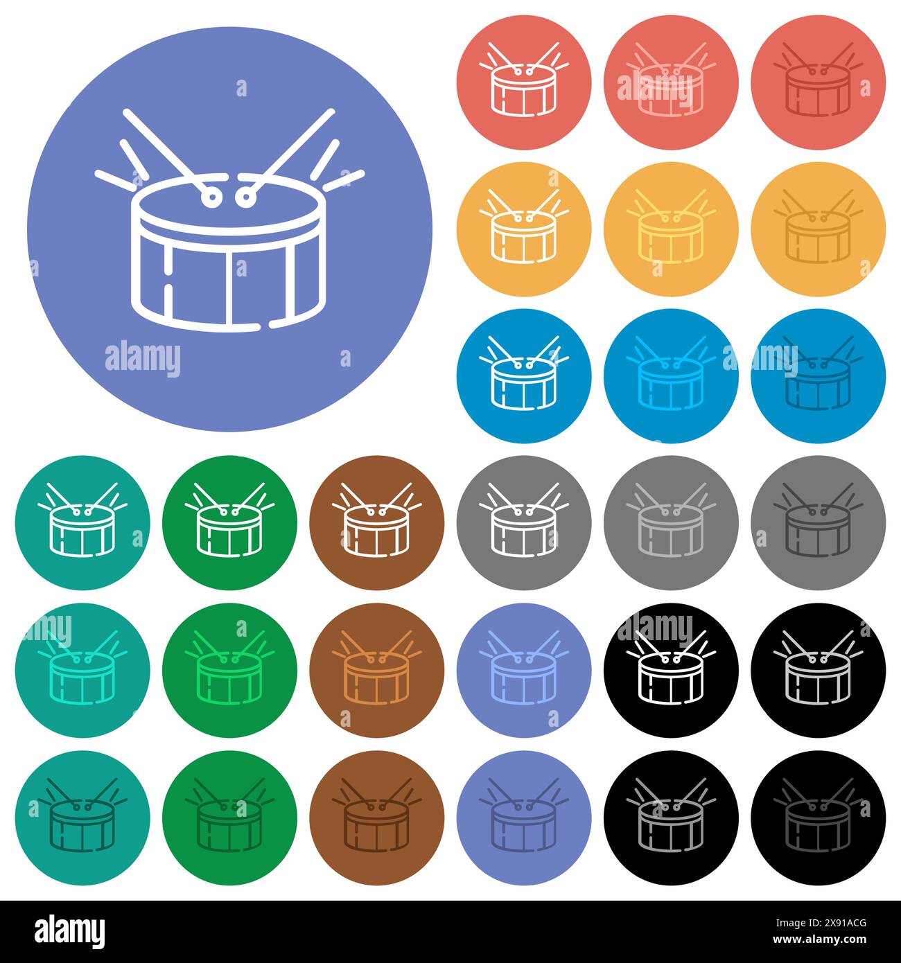 Drum outline multi colored flat icons on round backgrounds. Included white, light and dark icon variations for hover and active status effects, and bo Stock Vector