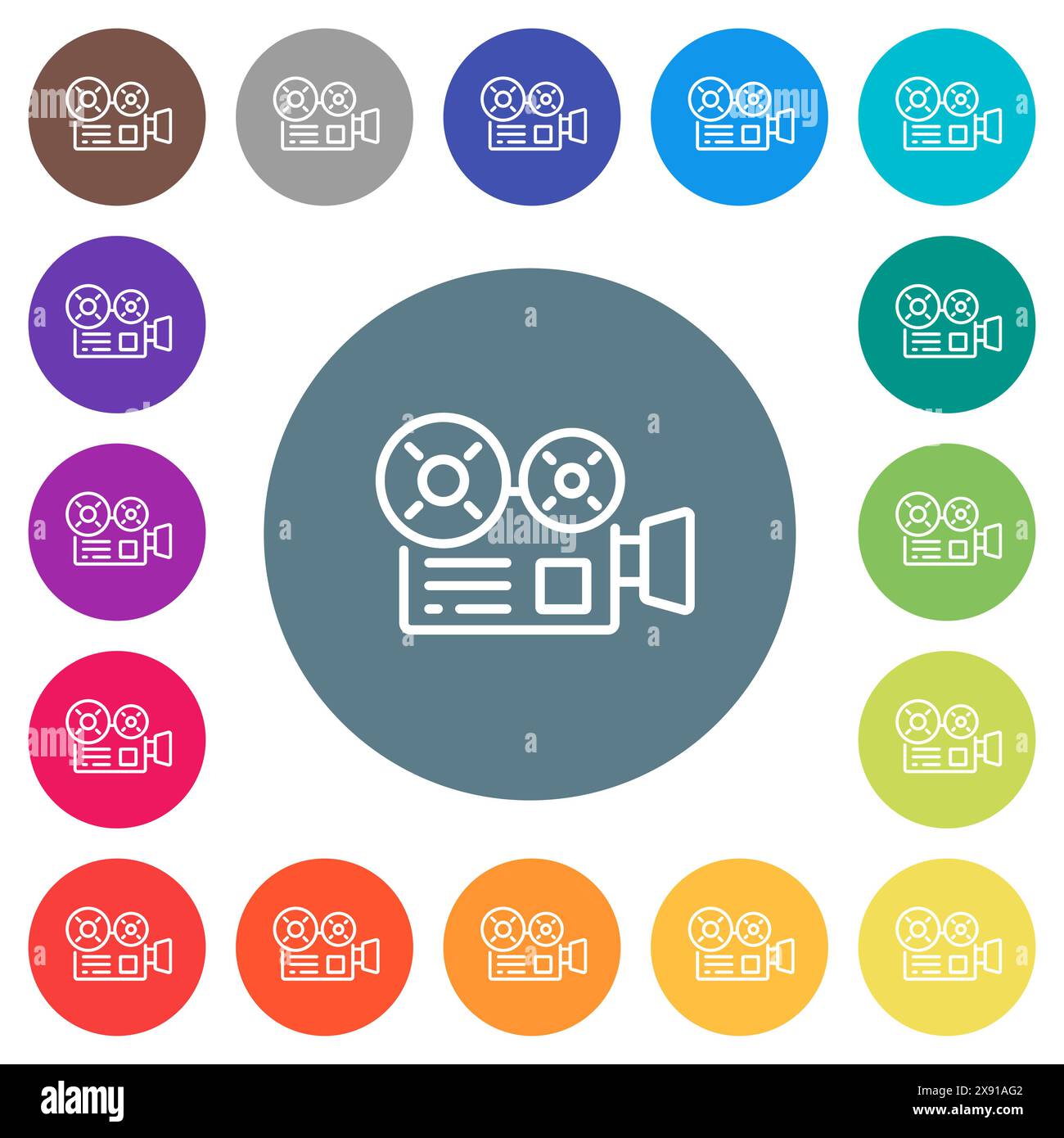 Movie camera outline flat white icons on round color backgrounds. 17 background color variations are included. Stock Vector