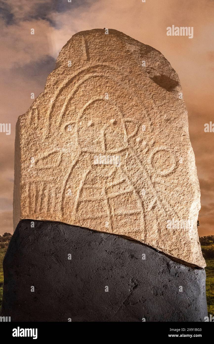 Diademed stele from Cañaveral de León, Bronze Age, 2200 BC. - 1000 BC, Huelva Museum, Huelva, Andalusia, Spain Stock Photo