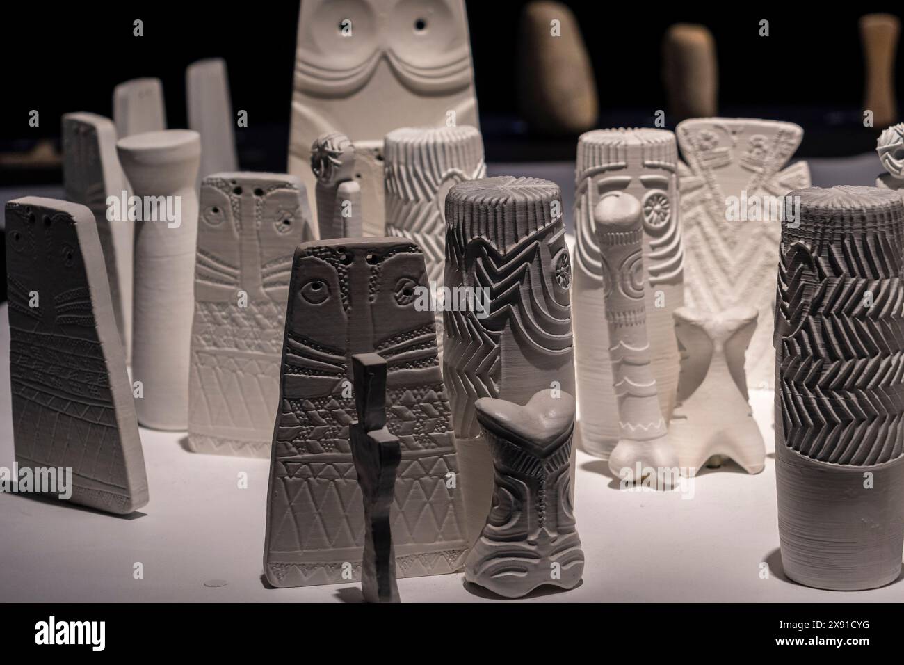models of Iberian idols of many types, Huelva Museum, Huelva, Andalusia, Spain Stock Photo