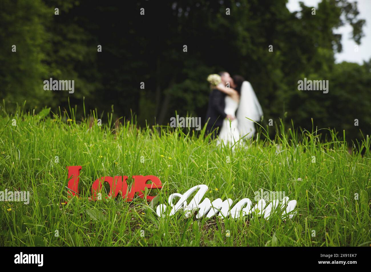 Bride and groom embracing in a lush, green forest setting with a 'Love Amour' sign in the foreground, Belarus, Minsk Stock Photo