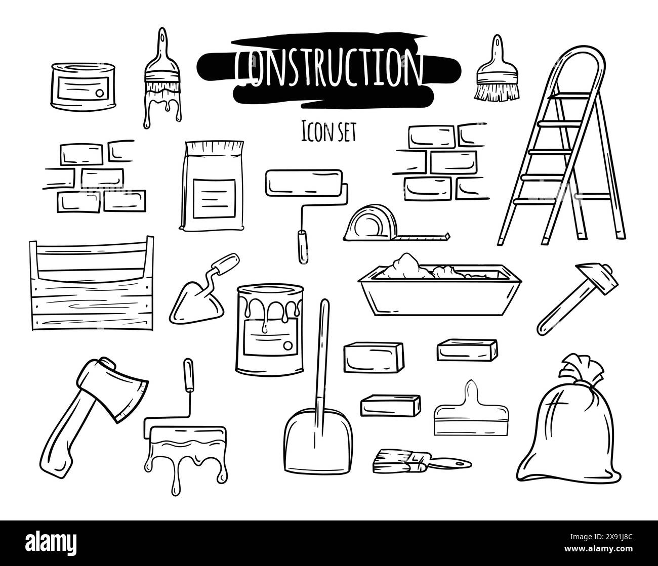 Black and white set of icons of construction, repair, materials and ...