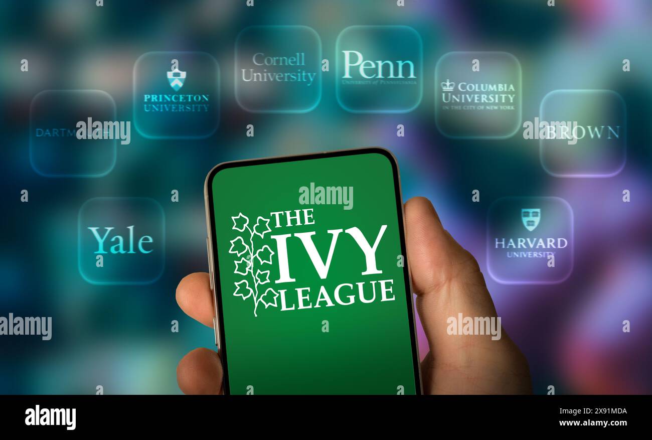 The eight members of the Ivy League displayed on smartphone Stock Photo