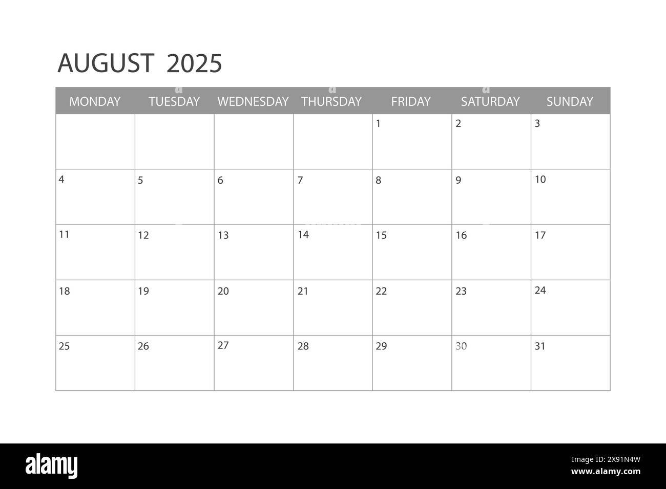Calendar for August 2025. The week starts on Monday Stock Vector Image & Art Alamy