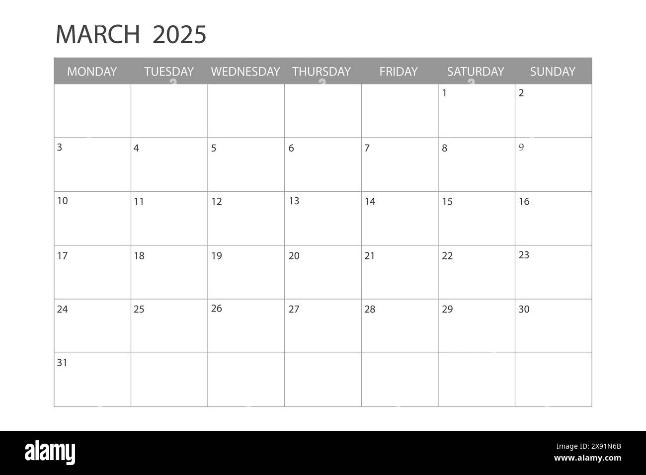 Calendar for March 2025. The week starts on Monday Stock Vector Image & Art Alamy