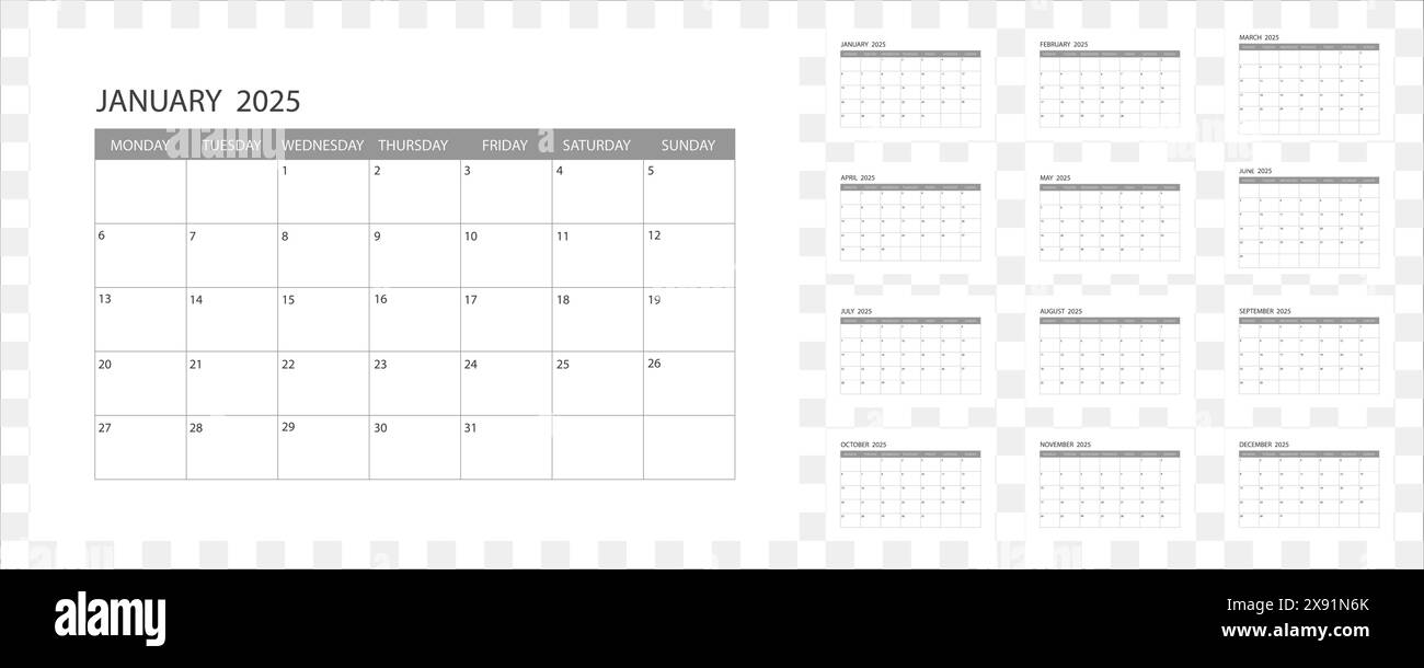 2025 Calendar. The week starts on Monday. Vector Stock Vector Image