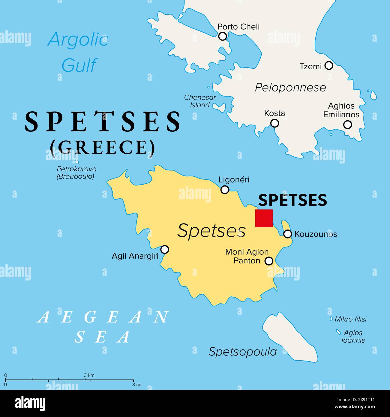 Spetses, Greek island, political map. Small island and municipality in the Aegean Sea, and part of the Saronic Islands, with the main town Spetses. Stock Photo