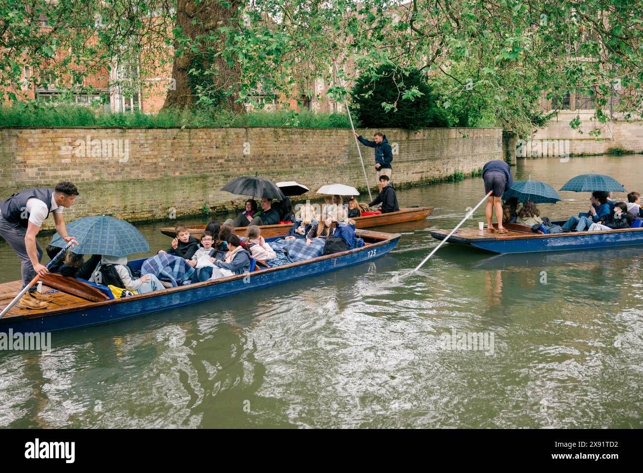 Cambridge, UK. 28th May, 2024. People shelter from the rain under umbrellas whilst punting on the River Cam. The wet spring weather continues across many parts of the UK. Credit: Julian Eales/Alamy Live News Stock Photo