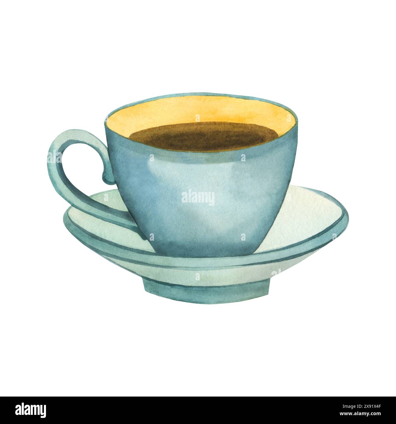 Tea cup. Illustration. Blue tea cup with saucer and drink inside. All elements are hand-painted in watercolor on a white background. Stock Photo